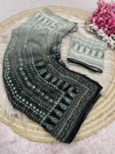 ผ้าซารีจอร์เจตต์พิมพ์ลายสวยงามพร้อมงานปักลายคัทลีและงานกระจกแบบดั้งเดิม พร้อมผ้าสำหรับตัดเสื้อแบบยังไม่เย็บ - Product Image 4