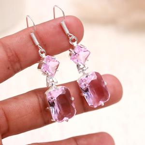 Natural Kunzite Gemstone 925 Sterling <b>Silver</b> <b>Dangle</b> <b>Earrings</b>, Pink Faceted Rectangle Drop <b>Earrings</b>, Handmade Fine Jewelry for Wo - Product Image 3