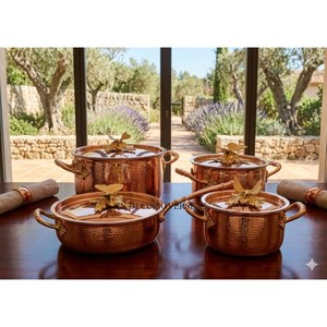 Copper Finished Hammered Casseroles Set With Butterfly Knobs Round Vintage Design Handles For Gas And Induction Stoves Ruffoni - Product Image 1