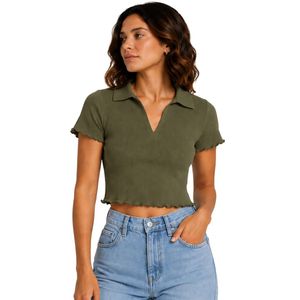 เสื้อโปโลครอปผู้หญิง แบรนด์ Olive ผ้าถักลายริบ แขนสั้น ทรงเข้ารูป คอวี ชายเสื้อแบบ Lettuce Hem ผ้าเนื้อยืด สไตล์ลำลอง แฟชั่นฤดูร้อน - Product Image 1