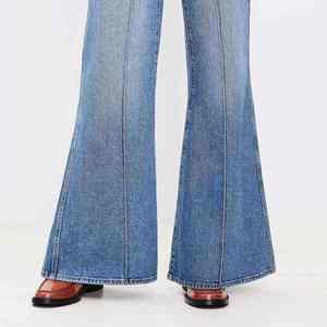 Pantalon évasé en velours côtelé bleu uni, taille haute, coupe ample, respirant, extensible, décontracté, style vintage, longueur intégrale, personnalisable - Product Image 3