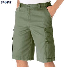 Shorts cargo pour homme SPOFIT, taille mi-haute, style décontracté, vert uni, avec poches, tissu en coton respirant - Product Image 1