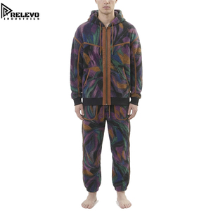 High Quality Men Marbled Print <b>Tracksuit</b>, Complete Two-Piece Set Featuring a Full-Zip Hooded Sweatshirt with Contrast Piping - Product Image 1