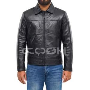 Chaqueta de Cuero Genuino Negra para Hombre, Estilo Café Racer, Corte Ajustado, Estilo Motero, con Cuello Mao - Product Image 1