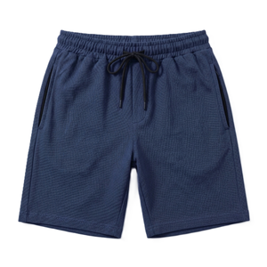 Shorts pour homme en piqué 100% coton bleu marine avec cordon de serrage à la taille, décontractés, respirants, longueur bermuda, couleur unie, tissu tricoté - Product Image 2