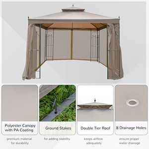 Gazebo da Giardino Moderno 10x10 in Acciaio con Tettoia Marrone Impermeabile, Tende in Rete di Ferro e Ripiani per Arredamento Esterno - Product Image 4