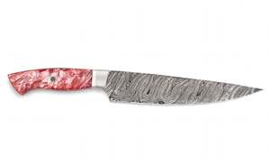 Cuchillo de Cocina Artesanal de Acero de Damasco con Mango de Resina Rosa Roja Perla para Rebanar - Product Image 3