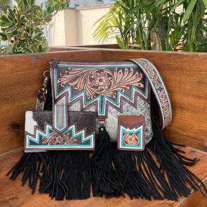 Nouveau cuir usiné à la main en cuir de vachette frange sac à bandoulière en cuir usiné à la main portefeuille à fleurs usiné à la main porte-cartes Trio ensemble - Product Image 2