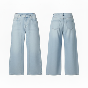 Jean en denim tricoté style vintage américain, délavé moyen, pour hommes et femmes, taille mi-haute, coupe droite ample, pantalon décontracté d'automne - Product Image 1