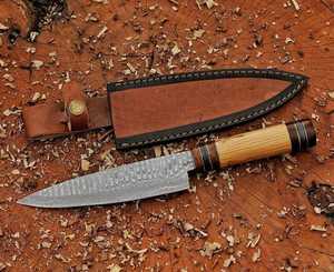 Best Supplier Cooking Personalized Santoku Chef <b>Knife</b> Sharp Handmade Damascus Steel Serrated Edge Wooden Handle Leather Sheath - Product Image 2