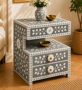 Resin Bone Inlay Nightstand With Drawers & <b>Shelf</b> Pink Floral Moroccan Style Cabinet <b>Bedside</b> End Table For Bedroom Hotel Decor - Product Image 6