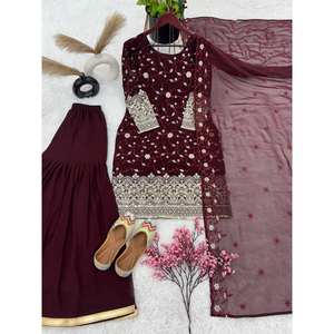 Top hermoso para mujer-Conjunto de Plazzo y Dupatta con trabajo de secuencia de bordado pesado - Product Image 3