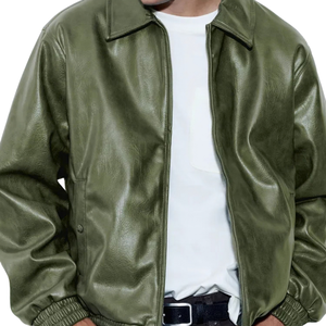 Blouson Bomber Homme Vert Olive en Cuir Véritable Style Streetwear Col Chemise Fermeture Éclair Manches et Ourlet Élastiques Coupe Décontractée Vêtement d'extérieur Premium - Product Image 6