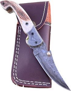 Couteau pliant de chasse fait main avec manche style cerf, bouton-pression et étui en cuir – Vente en gros A&M ENTERPRISES - Product Image 3