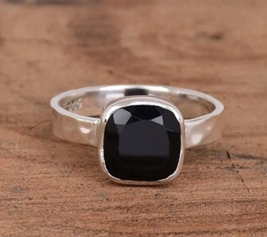 925 Sterling Silver Black Onyx <b>Cushion</b> Ring Handmade Hammered Bohemian <b>Statement</b> Jewelry for Women - Product Image 3