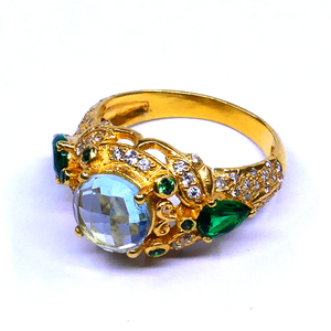 Vintage Gold Plated Cocktail <b>Ring</b> With Blue Crystal And <b>Green</b> Gemstones Pave Setting Women's Party Jewelry - Product Image 3