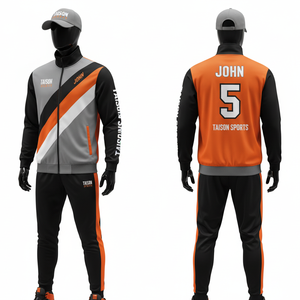 Survêtement d'entraînement de basketball pour hommes en tissu interlock polyester GSM Premium, design à panneaux noir, gris et orange, logo personnalisé par sublimation - Product Image 1