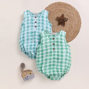 Premium Quality Organic <b>Muslin</b> Bubble Romper Pack of 2 Teal Check and Sage Check for <b>Baby</b> - Product Image 1
