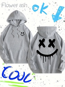 เสื้อฮู้ดโอเวอร์ไซส์สีแดงสำหรับผู้ชาย สไตล์สตรีทแวร์ พิมพ์ลายยิ้มหยดน้ำ โลโก้ด้านหลัง ผ้าฝ้ายเฟรนช์เทอร์รี่ ทรงปกติสำหรับฤดูใบไม้ร่วง - Product Image 4