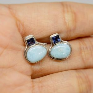 Pendientes de Plata de Ley 925 con Gemas Naturales de Larimar y Lolita en Forma de Pera, Joyería Moderna para Mujer para Bodas y Fiestas - Product Image 4