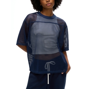 Camiseta Casual de Malla para Mujer con Hombros Caídos, Oversize, Premium, Transpirable, de Moda, con Estampado Personalizado, Ropa de Boutique - Product Image 4