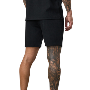 Shorts de sport pour homme en coton tricoté texturé noir à 100 %, taille élastique avec cordon de serrage, pour entraînement, course, fitness, décontracté, sport, avec poches latérales - Product Image 2