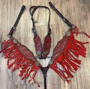 Ensemble de têtière et de collier de poitrail en cuir véritable de qualité supérieure à 100 %, style western, avec franges – Fournisseur et fabricant en gros - Product Image 1