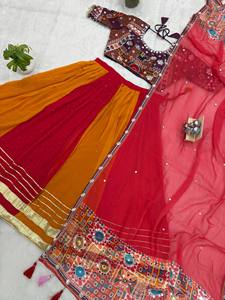 Traditional Indian Women's <b>Lehenga</b> Choli Set <b>Red</b> Orange Polyester Floor Length Loose Fit Wedding Wear - Product Image 6