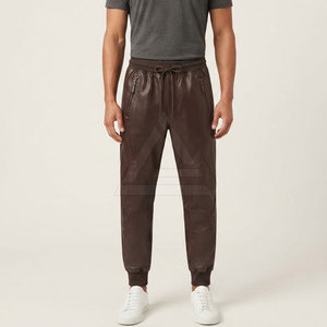 <b>Men</b> Leather <b>Jogger</b> Pants With Zipper Side Pockets <b>Tapered</b> Legs Elastic And Smooth Leather Finish For Casual Street Style - Product Image 3