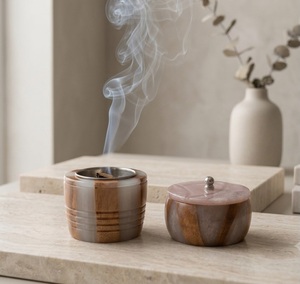 Marble Look Metal <b>Incense</b> <b>Holder</b> with Wooden Lid Decorative Aromatherapy Jar for Home Decor - Product Image 3