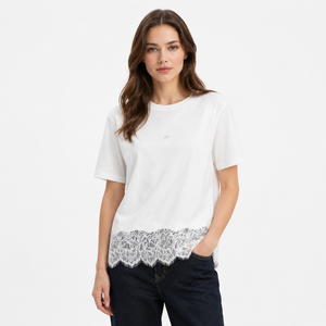 Oversized Layered Floral Lace Hem <b>Tee</b> <b>White</b> Short Sleeve Crewneck Trendy Women's Shirts Cotton Loose Casual Summer Pullover Top - Product Image 1