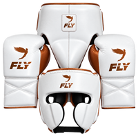 Ensemble d'équipement de boxe FLY Arts Martiaux, gants blancs et oranges, protège-tête, protège-glandes pour adultes