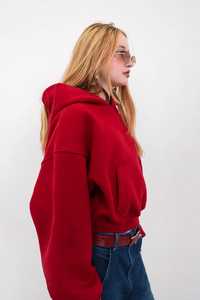 Hoodie rouge oversize à manches lanternes, poche kangourou, logo brodé sur le devant, 100% coton, 400 grammes, doublure respirante avec lettres. - Product Image 5