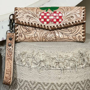 Factory Price Hand Tooled Genuine Leather Long <b>Wallet</b> Stylish Floral checkered Cherry Pattern Wristlet RFID Women's Clutches - Product Image 2