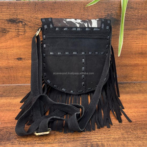 Best Seller Western Real Hair On Suede Leather Fringe Crossbody Bag para mujer Custom Genuine Leather Hand Stitch Boho Purse - Product Image 4