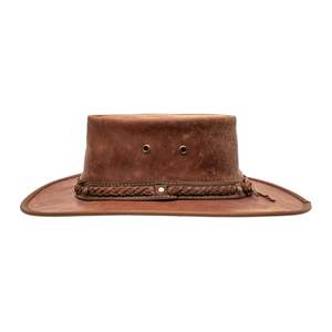 Achetez un chapeau de cow-boy en cuir véritable Tan, avec couronne perforée et sangle de menton en cuir tressé. - Product Image 3