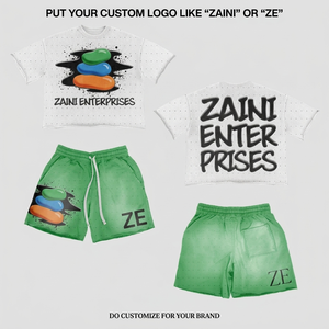 ZAINI Men's 280 GSM Heavyweight French Terry 100% Polyester Breathable T-Shirt Short Set White <b>Green</b> Custom Logo Embossed Hand - Product Image 1