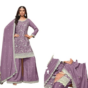 Ensemble Salwar Kameez Palazzo en Chinon léger brodé indien pakistanais pour mariage, avec dupatta, taille plus, personnalisable pour femmes - Product Image 1
