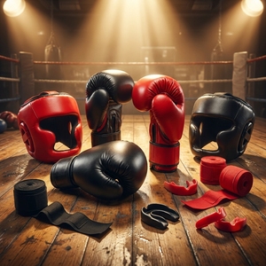 Ensemble de gants de boxe et de protège-tête en PU rouge et noir, équipement d'entraînement protecteur 16 oz avec bandages pour les mains et protège-dents - Product Image 2