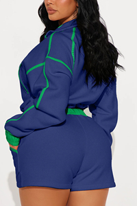 Women Plus Size Blue Green Contrast Tracksuit Set Casual Quarter-<b>Zip</b> Crop Top Shorts Loose Fit Summer Wear - Product Image 6