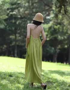 Robe longue bohème unie à col en U pour femme, sans manches, coupe ample, tenue décontractée d'été - Product Image 3