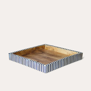 "Plateau de service à rayures bleues et blanches en incrustation d'os rectangle fait à la main pour décoration de cuisine" - Product Image 1