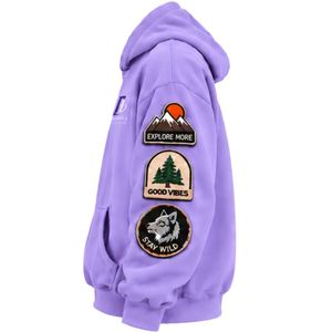 Lavender <b>Purple</b> Oversized Pullover <b>Hoodie</b> with Patches Unisex Fleece Streetwear Long Sleeve Kangaroo Pocket Casual Winter Sweats - Product Image 3