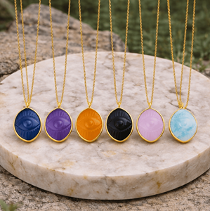 จี้สร้อยคอรูปตาปีศาจแกะสลักจากอะเมโซไนต์ธรรมชาติทรงมาร์ควิส ชุบทอง ทำด้วยมือ ประดับด้วยพลอย - Product Image 6