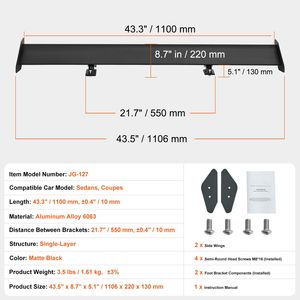 Spoiler Universale GT Wing da 43,3 Pollici, Ala Posteriore Regolabile in Alluminio Leggero Stile Racing - Product Image 5