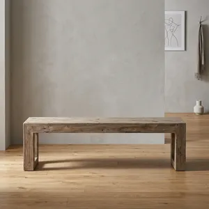 Banc en bois Kanor Whitewash, style rustique, long, minimaliste, finition vieillie, pour entrée et salle à manger - Product Image 3