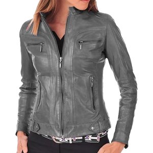 Chaquetas Grises para Mujer con Logotipo Personalizado, Chaqueta Vintage de Invierno, Chaqueta Bomber de Cuero Genuino, Ropa Urbana, Alta Venta - Product Image 1