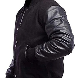 Veste bomber universitaire en laine noire avec manches en cuir noir, style décontracté pour hommes et femmes - Product Image 3