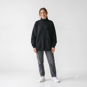 Oversized Black Mockneck Sweatshirts Hoodies Custom Applique Embroidery Drop Shoulder Fleece <b>Pullover</b> Women Casual <b>Jumper</b> - Product Image 1