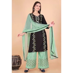 DESIGNER RAYON EMBROIDERY MULTI <b>WORK</b> TOP PALAZZO WITH DUPATTA <b>BLACK</b> - Product Image 1